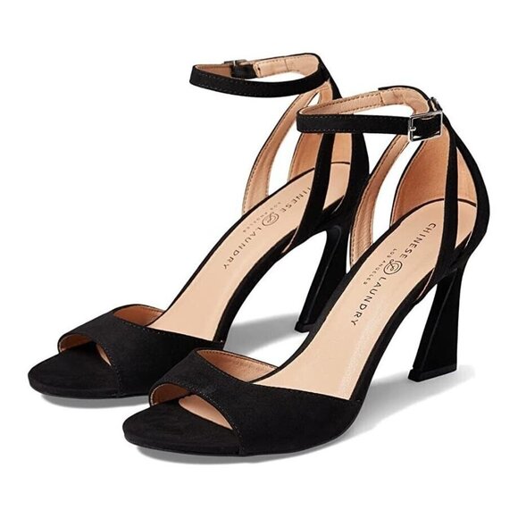 CHINESE Laundry New "Robby" Ankle Strap Black Suede Sandal Flared Heel - Picture 1 of 9